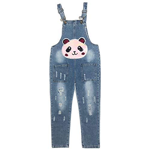 Peacolate 3-14Jahre Mädchen Schnall Jumpsuit und Strampler Overalls Blau Denim Langarmhose Panda Mustern zerrissene Jeanshose (Panda, 11-12J) von Peacolate