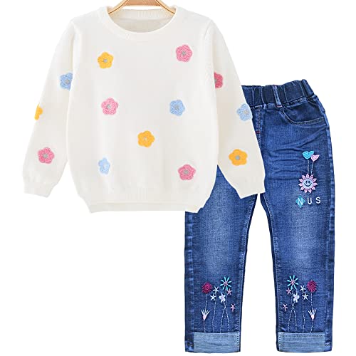 Peacolate 3–7 Jahre Baby Mädchen 2-teilige Set Baumwollpullover Hose Blume bestickte Stiefel Jeans (Weiße Blumen, 3 Jahre) von Peacolate