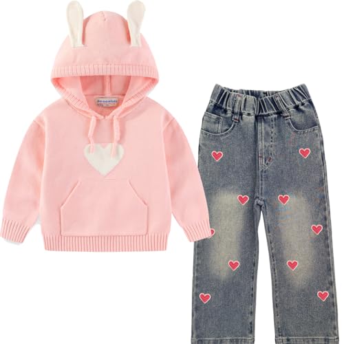 Peacolate 3-7T Frühling Herbst kleine Mädchen 2pcs Kleidung Set Strickpullover und bestickte Jeans (Rosa Herz, 3Jahre) von Peacolate