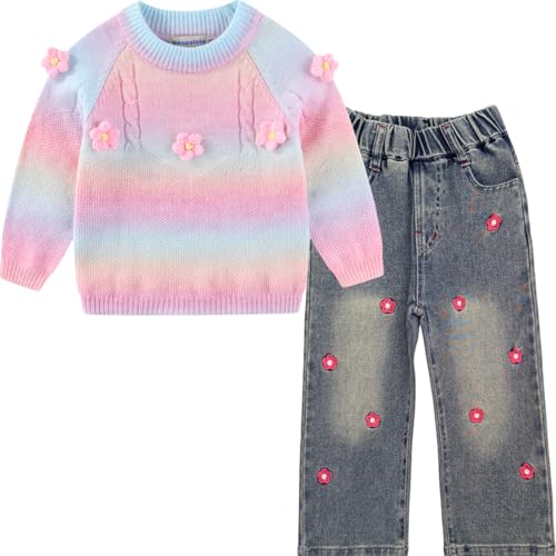 Peacolate 3-7T Frühling Herbst kleine Mädchen 2pcs Kleidung Set Strickpullover und bestickte Jeans (Rosa blaue Blume, 4Jahre) von Peacolate