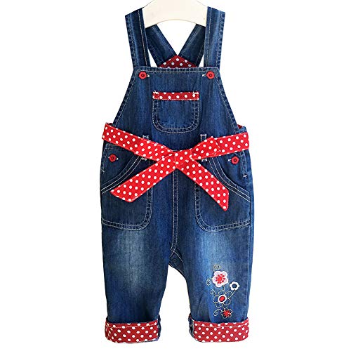 Peacolate 3M-3Jahre Säugling Baby Mädchen Denim Overall Bestickter Latzhose Jeanshose mit Rotem Gürtel(18-24m, Rot) von Peacolate