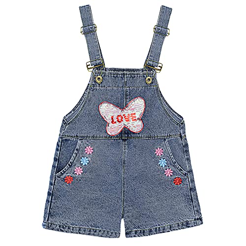 Peacolate 4-10 Jahre Jumpsuit Kinder Mädchen Latzhose Bestickte Pailletten Umdrehen Schmetterling Denim Kurze Jeans Overalls(Schmetterling,6-7Jahre) von Peacolate