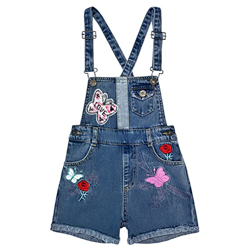 Peacolate 4-10 Jahre Kleines Groß Mädchen Latzhose Bestickte Pailletten Umdrehen Schmetterling Denim Kurze Jeans Overalls(5-6 Jahre) von Peacolate