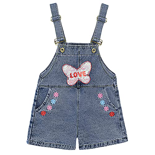 Peacolate 4-10 Jahre Kleines Groß Mädchen Latzhose Bestickte Pailletten Umdrehen Schmetterling Denim Kurze Jeans Overalls(Schmetterling,4-5Jahre) von Peacolate