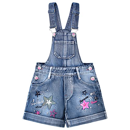 Peacolate 4-10 Jahre Sommer kleine Kinder Denim Shortalls Flip Pailletten Stickerei Stern Blau Latzhose Shorts Overalls (8-9 Jahre) von Peacolate