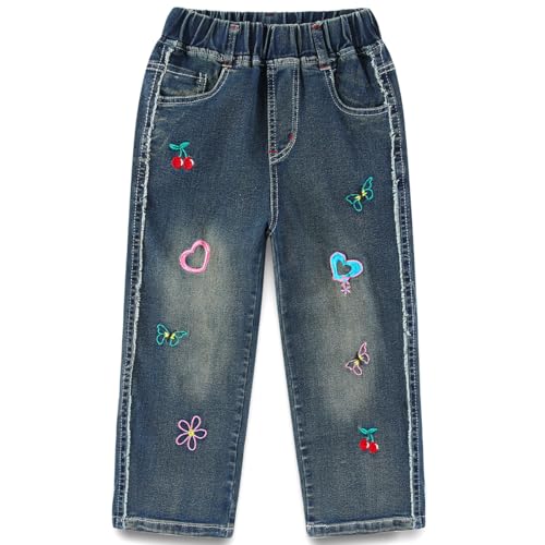 Peacolate 4-10Jahre Kleine Mädchen gestickte Jeans modische lose Hose für Kinder(Grün Schmetterling,6-7J) von Peacolate