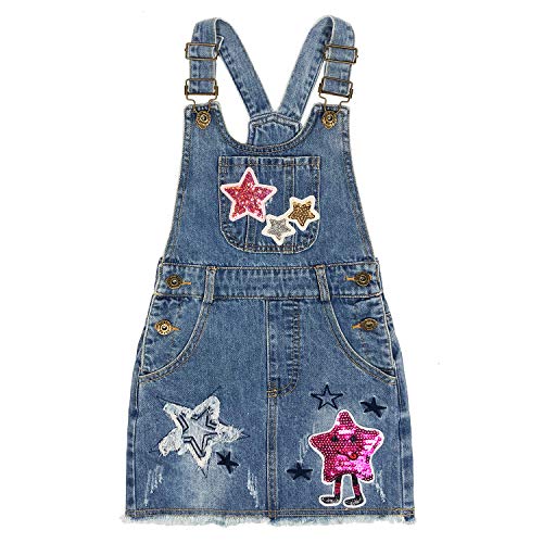 Peacolate 4-11 Jahre Mädchen Schnall Denim Latzrock Elastisch Hosenträger Star Mustern Jeanshose Bestickter Pailletten Overalls Rock(Star,10-11Jahre) von Peacolate