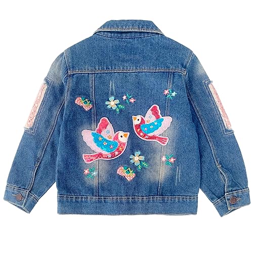 Peacolate 4-11Jahre kleine Mädchen Jeansjacke Pailletten sticken Vögel und Blumen Frühling Herbst Denim Mäntel (Vogel Blumen,10-11Jahre) von Peacolate