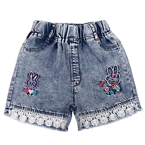 Peacolate 4–8 Jahre kleine große Mädchen Denim Sommer Shorts Teenager elastischer Bund Blumen zerrissene Jeans (7 Jahre, Hase) von Peacolate