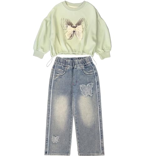 Peacolate 4J-10J Frühling Herbst T-Shirt Sets Little&Big Mädchen Pullover Langarm T-Shirt und Stickerei Schmetterling Jeans Kleidung Set für Kinder(Grün,4-5Jahre) von Peacolate