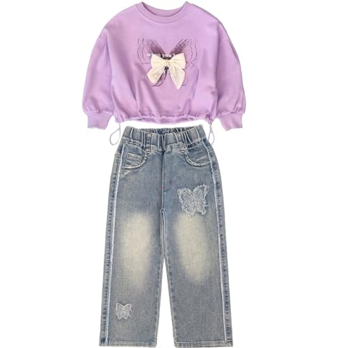Peacolate 4J-10J Frühling Herbst T-Shirt Sets Little&Big Mädchen Pullover Langarm T-Shirt und Stickerei Schmetterling Jeans Kleidung Set für Kinder(Lila,6-7Jahre) von Peacolate