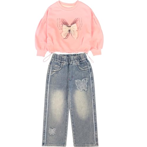 Peacolate 4J-10J Frühling Herbst T-Shirt Sets Little&Big Mädchen Pullover Langarm T-Shirt und Stickerei Schmetterling Jeans Kleidung Set für Kinder(Rosa,6-7Jahre) von Peacolate