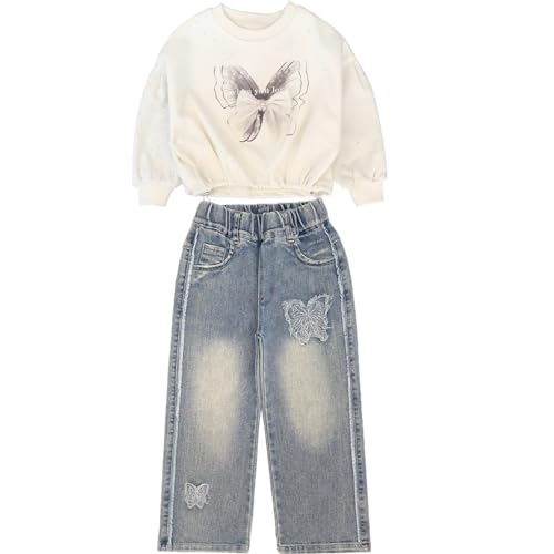 Peacolate 4J-10J Frühling Herbst T-Shirt Sets Little&Big Mädchen Pullover Langarm T-Shirt und Stickerei Schmetterling Jeans Kleidung Set für Kinder(Weiß,5-6Jahre) von Peacolate
