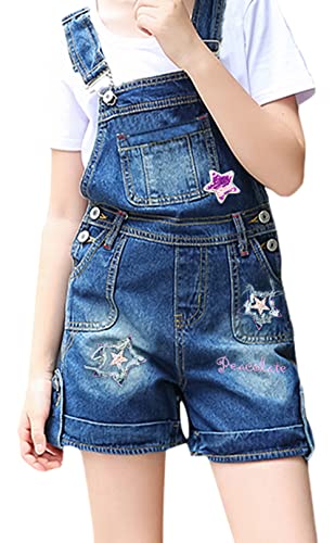 Peacolate 5-10 Jahre Sommer Kleine Große Mädchen Denim Shortalls Flip Pailletten Stickerei Sterne Blau Latzhose Shorts Overalls (Stern, 5-6 Jahre) von Peacolate