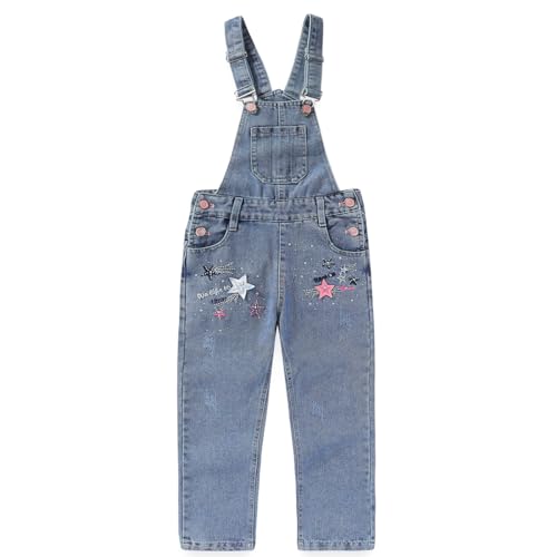 Peacolate 5-10Jahre Kleine Mädchen Jumpsuit Stern Stickerei Blau Denim Overalls Kinder Jeanshose(Stern,5-6Jahre) von Peacolate