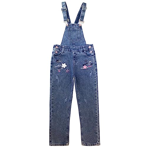 Peacolate 5-10Jahre Kleine Mädchen Jumpsuit Stern Stickerei Blau Denim Overalls Kinder Jeanshose(Stern,6-7Jahre) von Peacolate