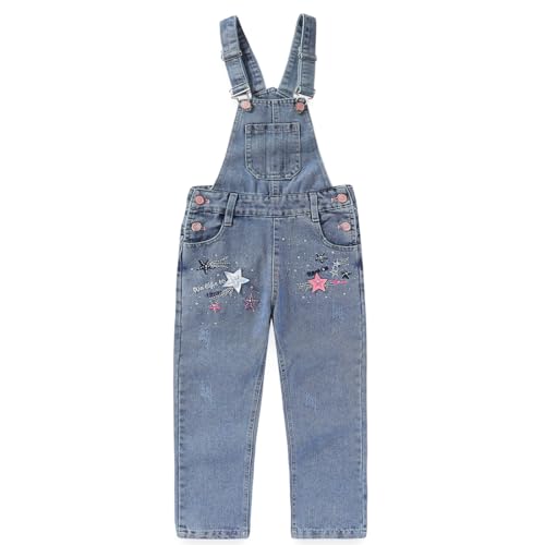 Peacolate 5-10Jahre Kleine Mädchen Jumpsuit Stern Stickerei Blau Denim Overalls Kinder Jeanshose(Stern,6-7Jahre) von Peacolate