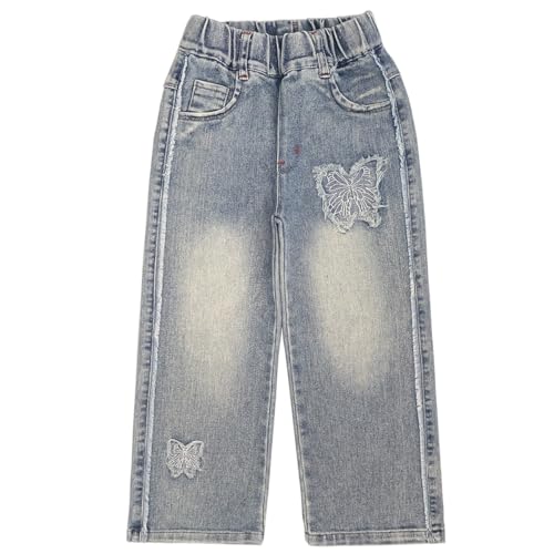 Peacolate 5-10Jahre Kleine Mädchen Schmetterling gestickte gerade Jeans Hose für große Mädchen (Schmetterling,5-6J) von Peacolate