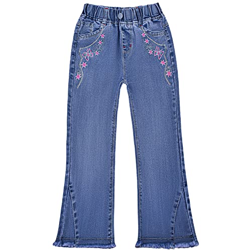 Peacolate 5-10Jahre Kleine Mädchen Stretch Langarm Jeanshose Gestickte Florale Blau Denim Hose Schmetterling Bootcut Jeans(Schmetterling,7-8Jahre) von Peacolate