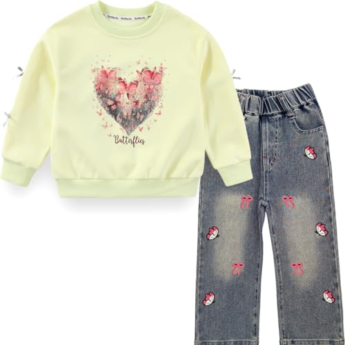 Peacolate 5-12Jahre Frühling Herbst Bekleidungssets Kid Little&Big Girls Pullover Langarm-T-Shirt und Stickerei Schmetterling Jeans(Gelb,6-7Jahre) von Peacolate