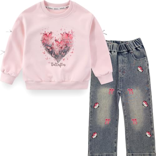 Peacolate 5-12Jahre Frühling Herbst Bekleidungssets Kid Little&Big Girls Pullover Langarm-T-Shirt und Stickerei Schmetterling Jeans(Rosa,6-7Jahre) von Peacolate