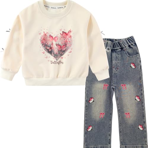 Peacolate 5-12Jahre Frühling Herbst Bekleidungssets Kid Little&Big Girls Pullover Langarm-T-Shirt und Stickerei Schmetterling Jeans(Weiß,5-6Jahre) von Peacolate