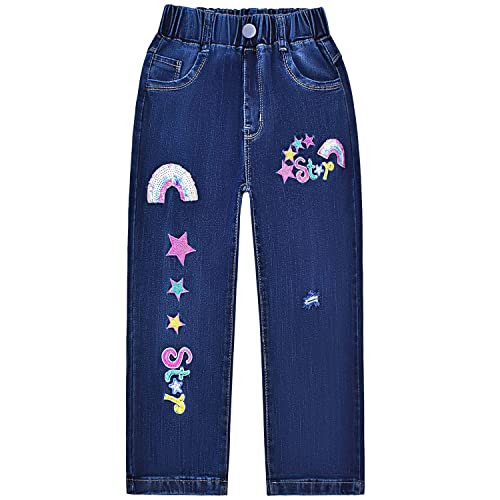 Peacolate 5-12Jahre Kleine Mädchen Stretch Langarm Jeanshose Blau Denim Hose Straight Gestickte Regenbogen Stern Jeans(Stern,11-12Jahre) von Peacolate