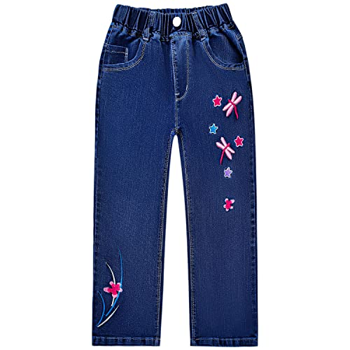 Peacolate 5-12Jahre Kleine Mädchen Stretch Langarm Jeanshose Straight dunkelblaue Libelle Gestickte Denim Hose (Libelle,8-9Jahre) von Peacolate