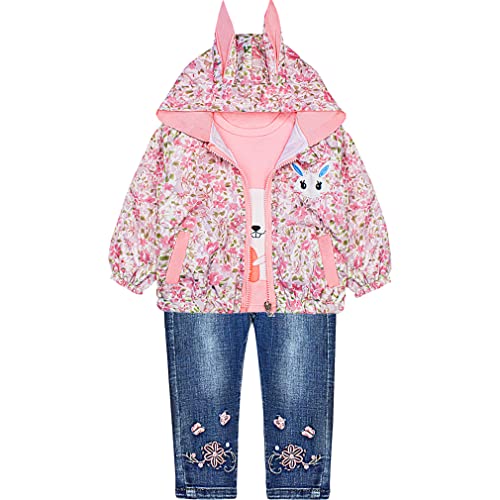 Peacolate 6M-4J Baby Kleinkind Mädchen Bekleidungssets Dreiteiliges Set Häschen Jacken Langarm T-Shirt Und Bestickte Jeans(3-4Jahr,rosa) von Peacolate