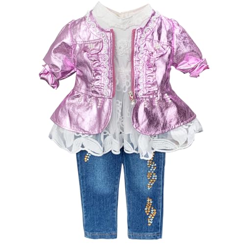 Peacolate 6Monate-4Jahre Frühjahr Herbst Mädchen Baby 3 Stück Set Kleidung Langärmel Kleid Pu Leder Garderobe Jacke und Jeans(Rosa, 1-2Jahre) von Peacolate