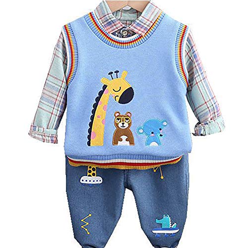 Peacolate Baby Jungen Bekleidungssets,Baby Neugeborenen Outfit Babykleidung Set Kleikind Anzug Langarm Hemden Strickwesten und Jeanshose für 6 Monate- 3 Jahre (Blau,18-24Monate) von Peacolate