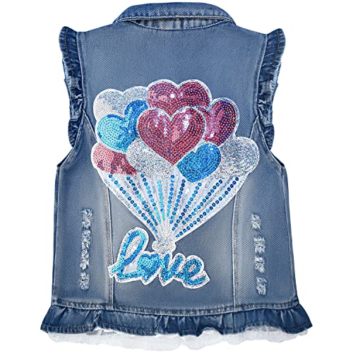 Peacolate Baby Mädchen Denim Weste Kinder Ärmellose Jacke Knopf Pailletten Herz Ballon Spitze Frühling Herbst Mantel (8-9Jahre) von Peacolate