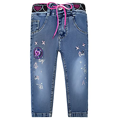 Peacolate Baby Mädchen Stretch Langarm Jeanshose High Waist Blau Denim Hose mit Gürtel Bestickte Straight Pants 18Monate-8Jahre(18Monate) von Peacolate