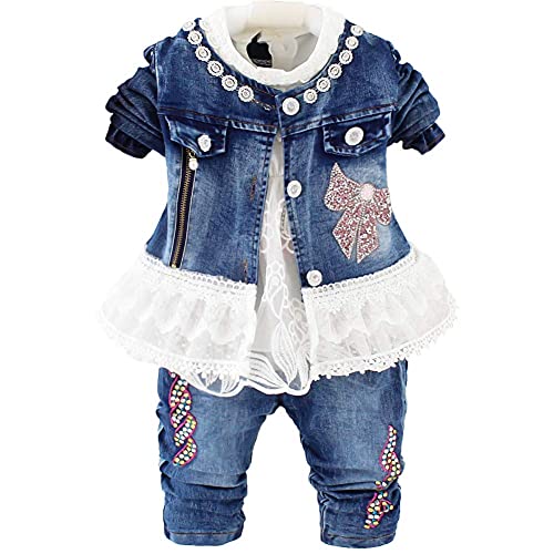 Peacolate Baby kleidung, Mädchen BeKleidungsset Kinder Outfit 3pcs Langarm T-shirt Pailletten Jakce und Blau Stickerei Jeans Frühling Herbst babyset 6Monate-4Jahre(Weiß,6-12Monate) von Peacolate