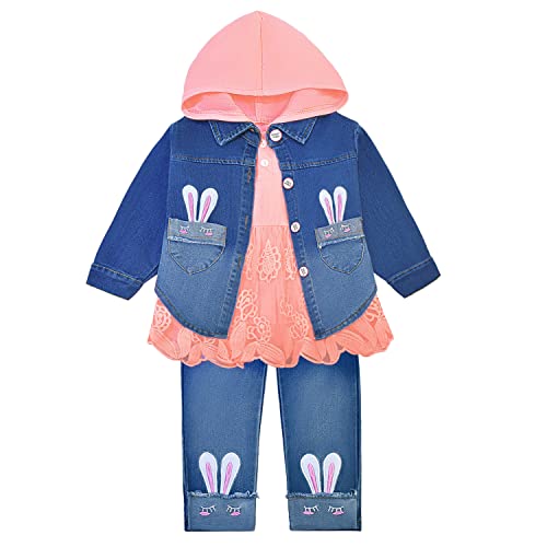 Peacolate Baby kleidung,Baby Mädchen Outfit 3 Stücke Langarm Hoodie Kleid Denim Jacke und Jeanshose Babyset Frühling Herbst 1-5Jahre Freizeitkleidungsset(Orange,2-3Jahre) von Peacolate