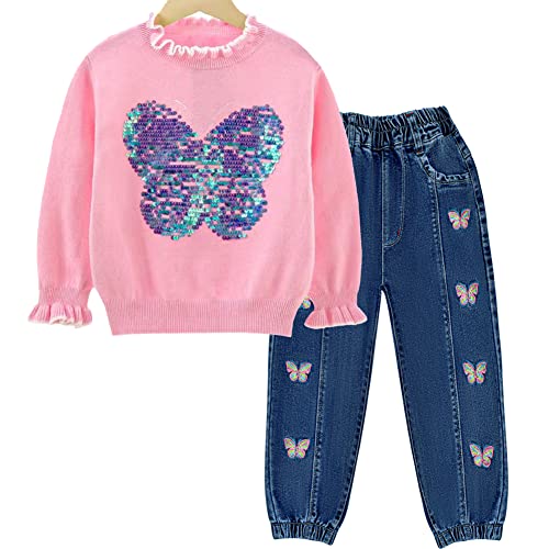 Peacolate Bekleidungssets für Mädchen, Mädchen Kleidung Geschwister Outfit Mädchen 2-teiliges Set Langarm Pailletten Schmetterling Pullover und bestickte Bootcut Jeanshose (Rosa Schmetterling,7Jahre) von Peacolate