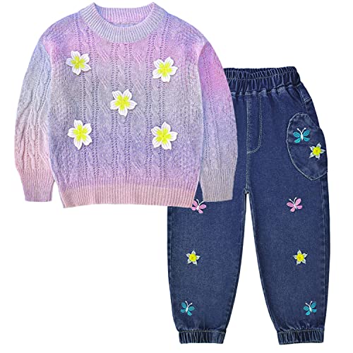 Peacolate Kinder Kleidung Set, Mädchen BeKleidungsset Warmer Anzug 2tlg. Set Langarm Ärmel Farbverlauf Pullover und bestickte Schmetterling Jeanshose Herbst Winter 2-7Jahre Outfit(Lila, 4Jahre) von Peacolate