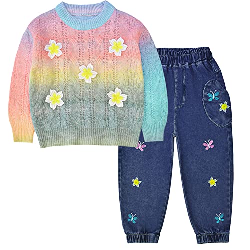 Peacolate Kinder Kleidung Set, Mädchen BeKleidungsset Warmer Anzug 2tlg. Set Langarm Ärmel Farbverlauf Pullover und bestickte Schmetterling Jeanshose Herbst Winter 2-7Jahre Outfit(Rosa, 3Jahre) von Peacolate