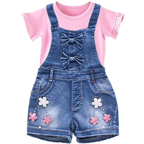 Peacolate Kleines Mädchen 2pcs Bekleidungsset Blume rosa Kurzarm T-Shirt und Denim Rompers Shortalls Sommer Set 2-8Jahre(5Jahre) von Peacolate