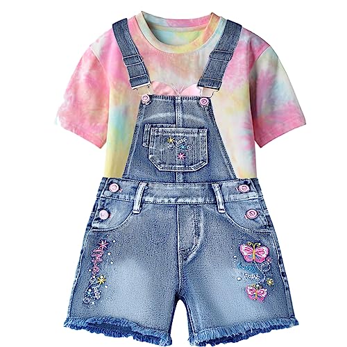 Peacolate Kleines Mädchen Bekleidungsset Kurzarm Tie dye T-Shirt und Blau Denim Shortalls 2pcs Sommer Set 4-10Jahre (Rosa Schmetterling,4-5Jahre) von Peacolate