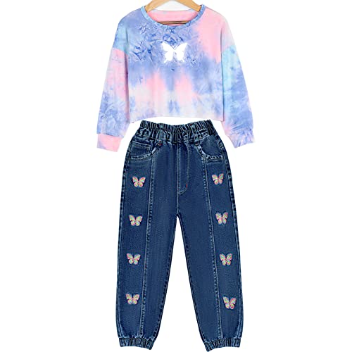 Peacolate Mädchen Bekleidungsset, Jogginganzug Kinder Mädchen 2PC Set Langarm Tie-Dye Sweatshirt und bestickte Schmetterlings Jeanshose Frühling Herbst Outfits (Dunkelblau,8-9Jahre) von Peacolate