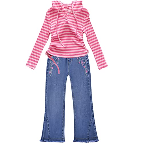 Peacolate Mädchen Kleidung, Mädchen BeKleidungsset Kinder Outfit 2pc Set Langarm Rosa Streifen T-Shirt und Blau Schmetterling bestickt Bootcut Jeans 5-10Jahre(Rosa,9-10Jahre) von Peacolate