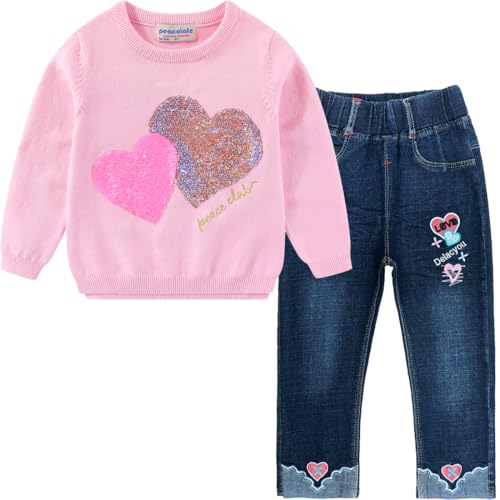 Peacolate Mädchen Kleidung, Mädchen BeKleidungsset Kinder Outfit 2pcs Set Langarm Pailletten Liebe Pullover und Blau Stickerei Jeans Frühling Herbst 3-8Jahre(Rosa,5Jahre) von Peacolate