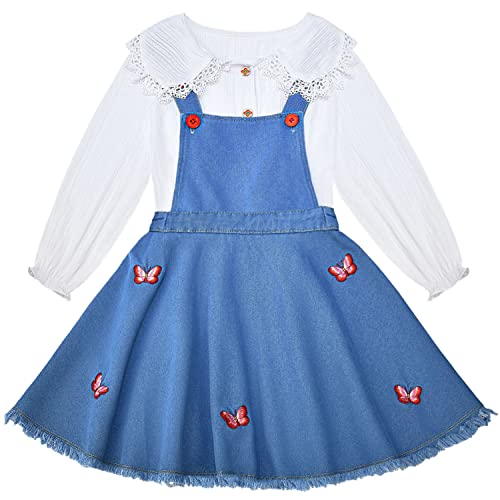 Peacolate Mädchen Kleidung 2pcs Kleider Set Lange Ärmel Weißes Bluse und Gestickter Schmetterling Denim Hosenträger Kleid Frühling Herbst Sommer Outfit(10-11Jahre) von Peacolate