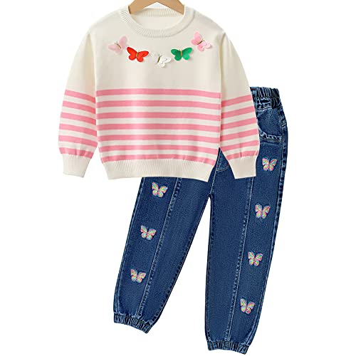 Peacolate Mädchen Outfit: 2-teiliger langarm Baumwollstrickpullover und Jeans mit Herzmuster für Mädchen 4-7 Jahre (Rosa Schmetterling, 6-7 Jahre) von Peacolate