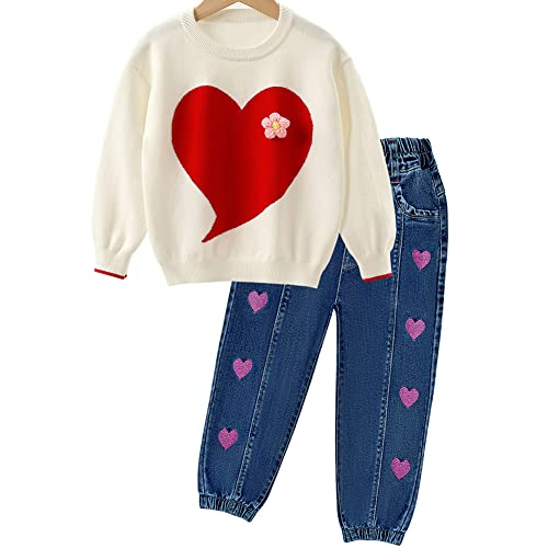 Peacolate Mädchen Kleidungsset, Mädchen Kleidung Geschwister Mädchen 2-teiliger langarm Baumwollstrickpullover und Jeans mit Herzmuster 4-7Jahre (Weißes Herz, 3 Jahre) von Peacolate