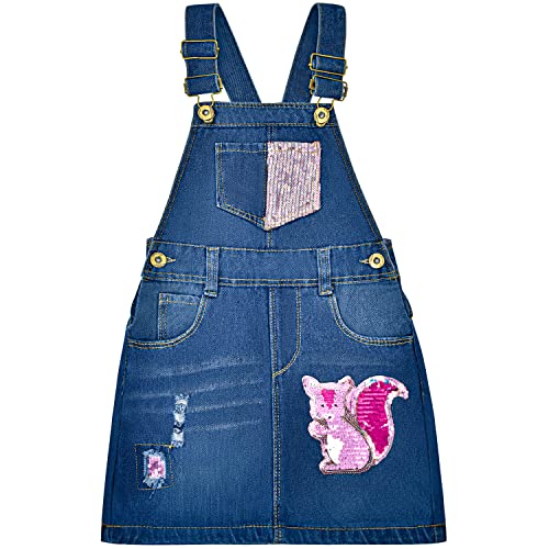 Peacolate Sommer kleines Mädchen Denim Strapsrock Overall Kleid Stickerei Flip Pailletten Rosa Eichhörnchen Latzrock (Eichhörnchen,5Jahre) von Peacolate