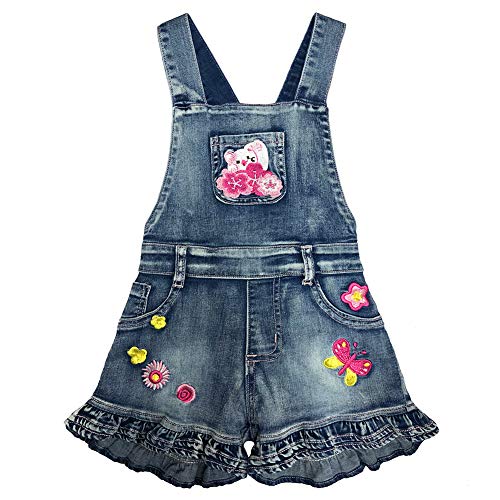 Pecolate 2-7Jahre Mädchen Jumpsuit Rompers Strampler Elastisch Denim Latzhose Overalls Katze Stickerei Hosenträger Shorts Jeanshose (Katze,6Jahre) von Peacolate