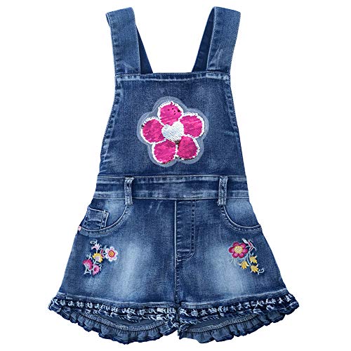 Pecolate 3-8Jahre Mädchen Overall Strampler Pailletten Elastisch Denim Latzhose Overalls Floret Stickerei Hosenträger Shorts Jeanshose (7Jahre, Floret) von Peacolate