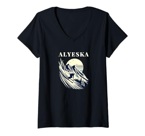 Damen Alyeska Alaska Ski Berge Abenteuer Retro Wanderung T-Shirt mit V-Ausschnitt von Peak of Tranquility